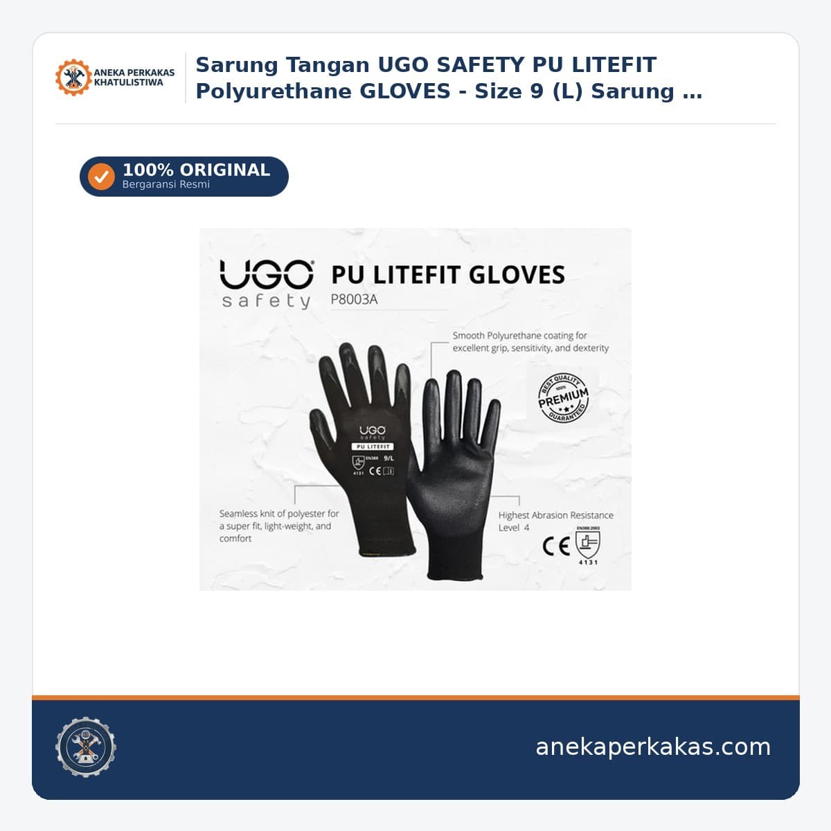 Sarung Tangan UGO SAFETY PU LITEFIT Polyurethane GLOVES - Size 9 (L) Sarung Tangan Kerja Premium — Sarung Tangan Safety
